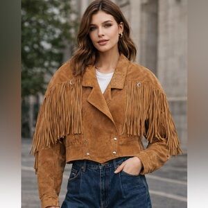 Boho Western Fringe Genuine Suede Jacket Double Breasted Snap Countrycore Concho